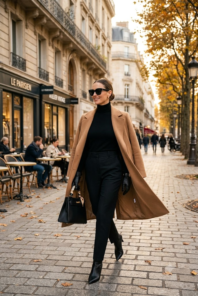 Camel Coat with All-Black Ensemble