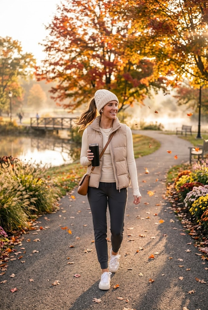 Puffer Vest with Joggers and Sneakers