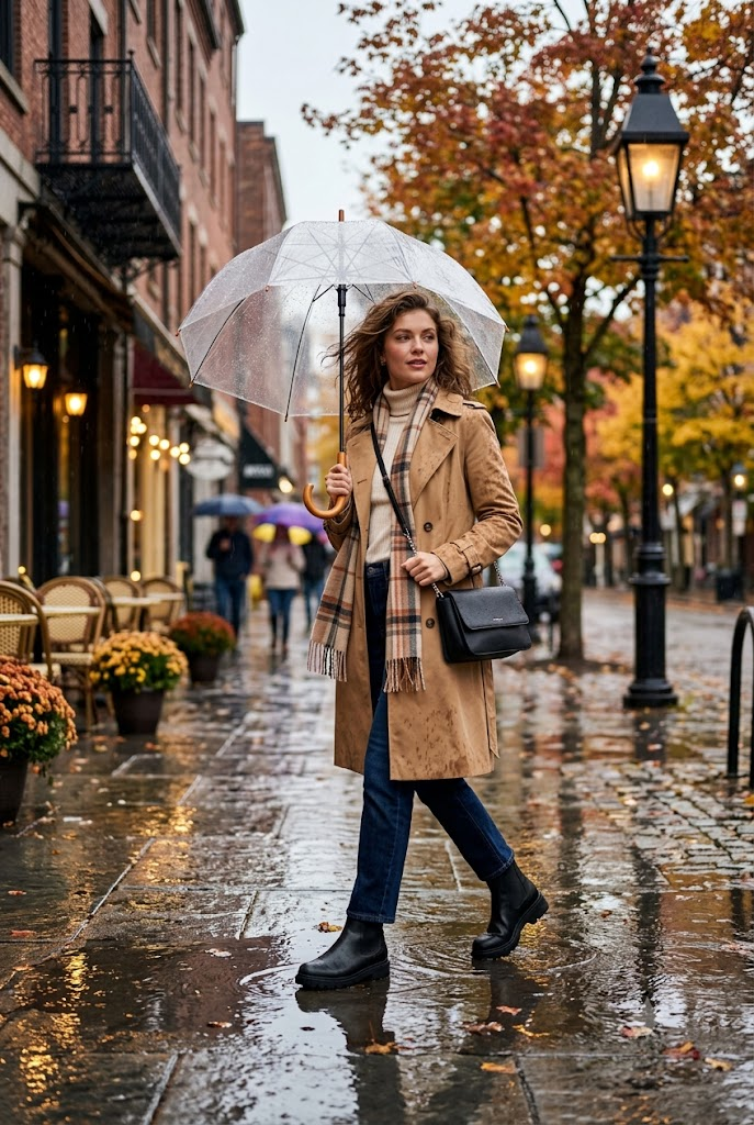 Rainy Day Fall Outfit with Waterproof Boots