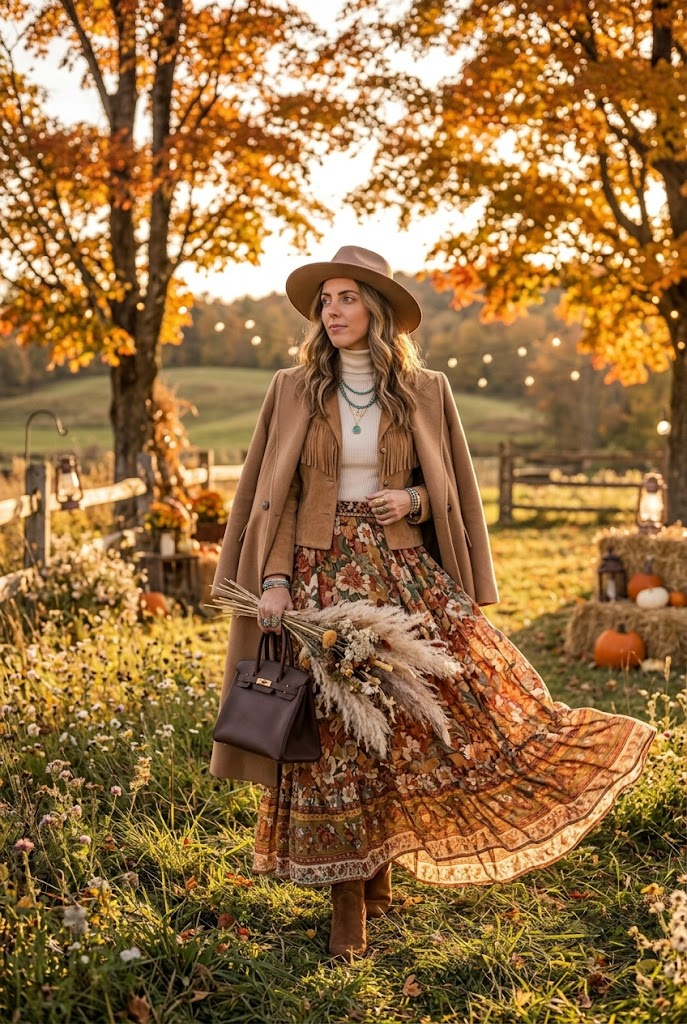 Boho Fall Outfit with a Flowy Maxi Skirt