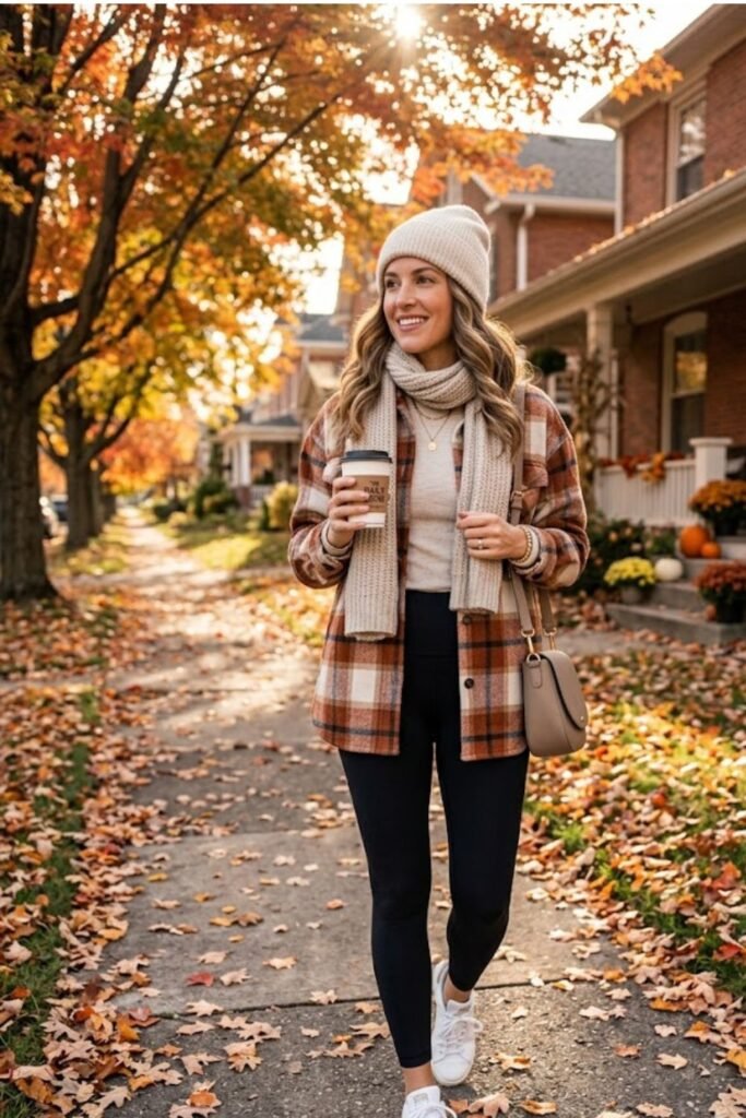 Plaid Shacket with Leggings and Sneakers