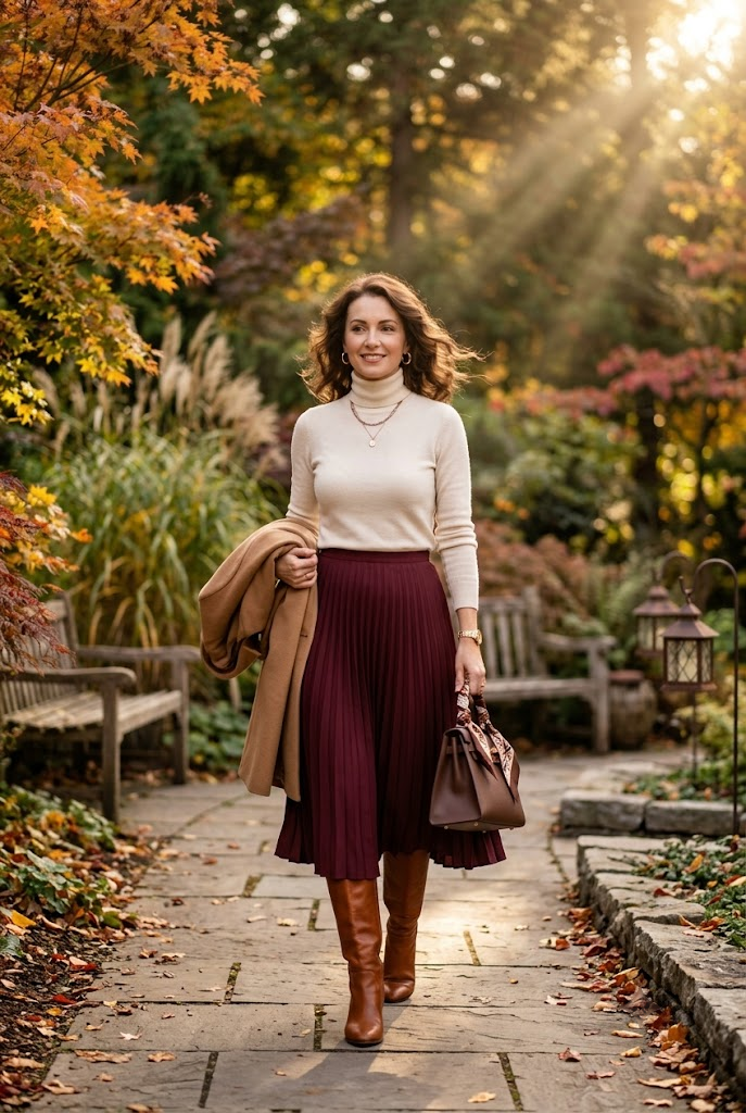 Midi Skirt with Turtleneck Sweater